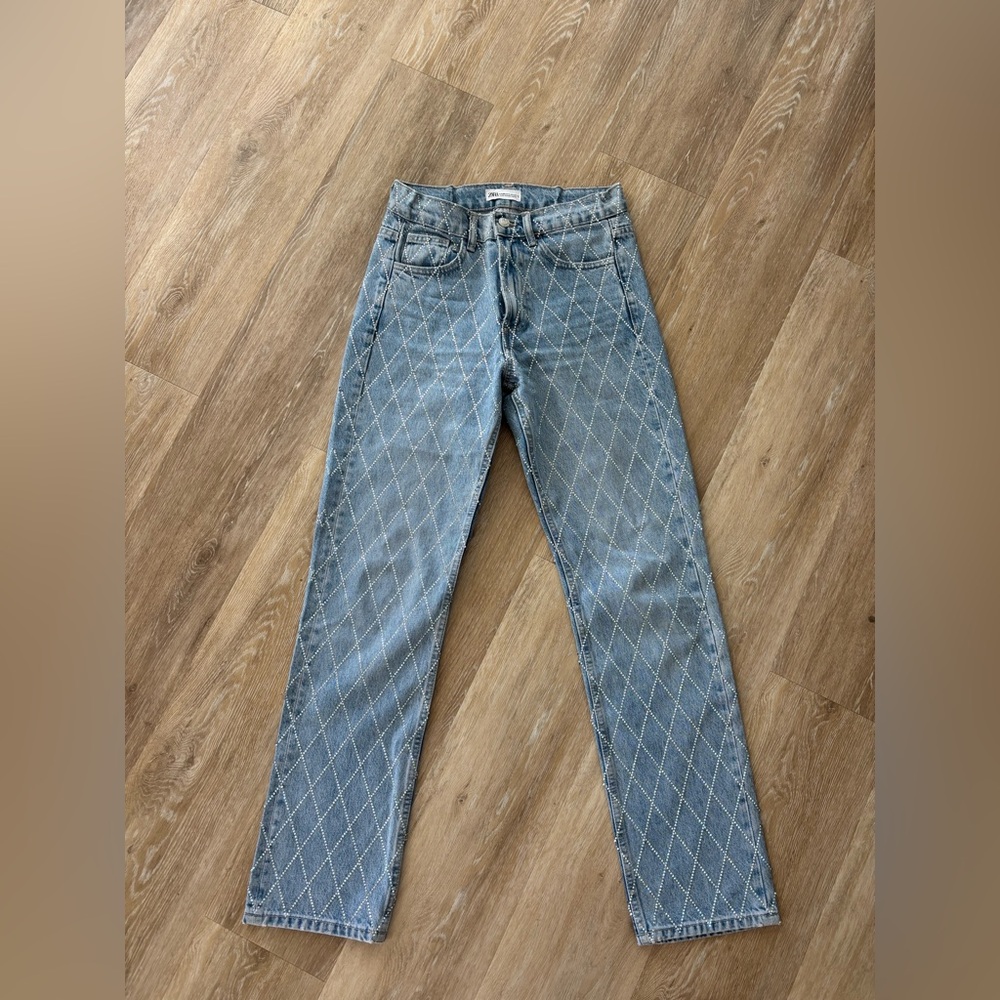 Zara Blue Rhinestone Diamond Pattern Jeans - Picture 3 of 5